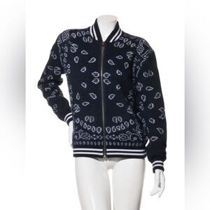Alanui Navy Bandana Jacquard Wool-Blend Bomber Jacket Sweater FW2022 Size XS